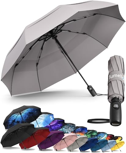 TUMELLA Stärkster winddichter Reise-Regenschirm (kompakt, überlegen und schön), klein, stark, aber leicht, tragbar und automatisch, faltbarer Regenschirm, langlebiger Premium-Griff, passend für Auto von TUMELLA