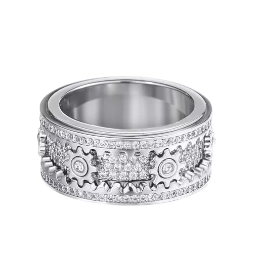 Anxiety Anti Stress Ring – Angst Spinner Ringe Fidget Band für Stress Angstlinderung für Damen Herren – Verlobungsringe für Männer und Frauen, Mechanischer Zahnrad-Drehring für Paare (Platin, T=62) von TUMYBCC