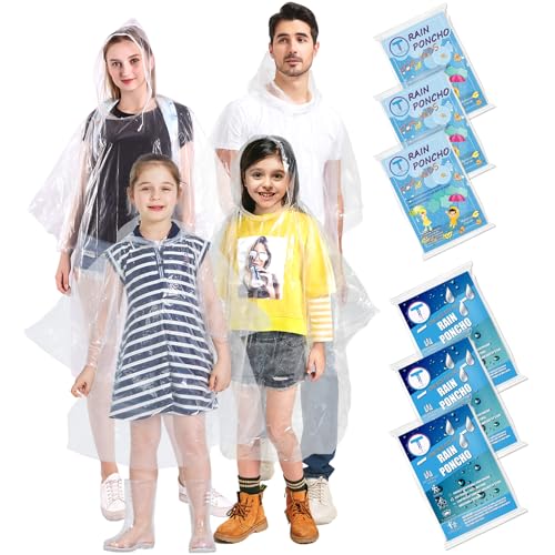 TUNCHMO 6 Stück Durchsichtig Regenponchos Familien-Set für Damen Herren und Kinder - Wasserdichter Regenschutz, 50% Extra dicke Regencape mit Kapuze，Leichtgewichtiger Transparenter von TUNCHMO
