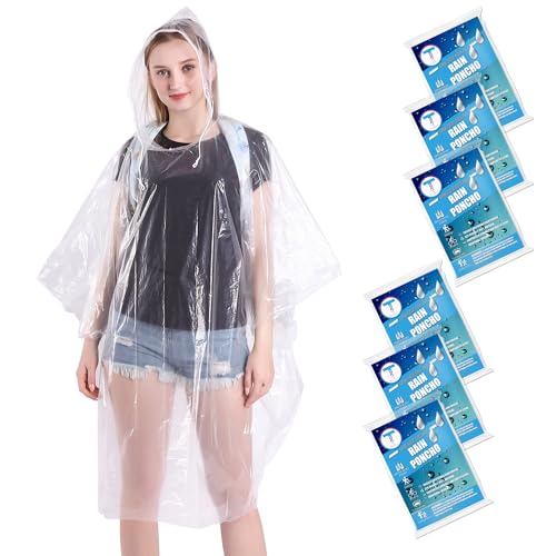 TUNCHMO 6 Stück Durchsichtig Regenponchos für Damen Herren - Wasserdichter Regenschutz, 50% Extra dicke Regencape mit Kapuze，Leichtgewichtiger Transparenter von TUNCHMO