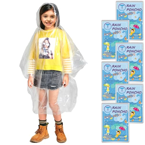 TUNCHMO 6 Stück Kinder Durchsichtig Regenponchos für Junge Mädchen - Wasserdichter Regenschutz, 50% Extra dicke Regencape mit Kapuze，Leichtgewichtiger von TUNCHMO