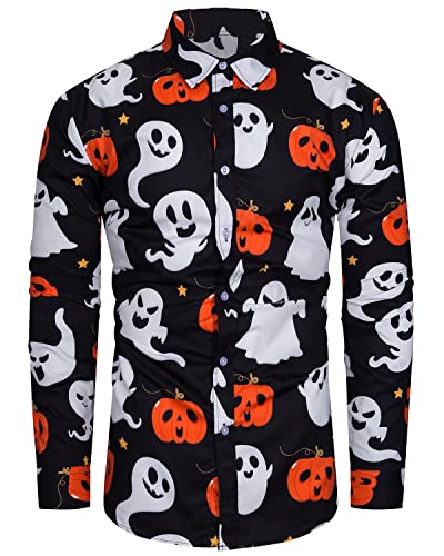 TUNEVUSE Herren Halloween Hemd Kürbis Druck Lustige Langarm Casual Button Down Hemd Geist Schädel Scary Kostüme für Erwachsene Schwarz Mittel von TUNEVUSE