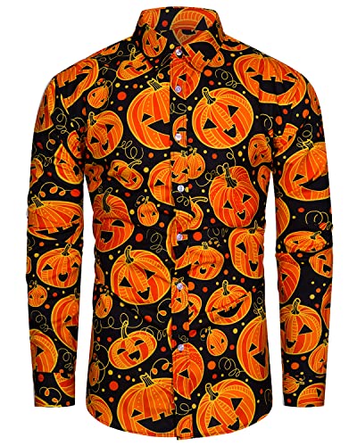 TUNEVUSE Herren Halloween Hemden Kürbis Print Langarm Casual Button Down Hemd für Erwachsene Scary Lustige Kostüme Orange Mittel von TUNEVUSE
