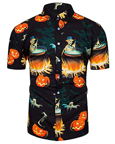 TUNEVUSE Herren Halloween Hemden Kurzarm Kürbis Button Down Hemd Lustiges Print Hemd Schwarz 3X-Large von TUNEVUSE