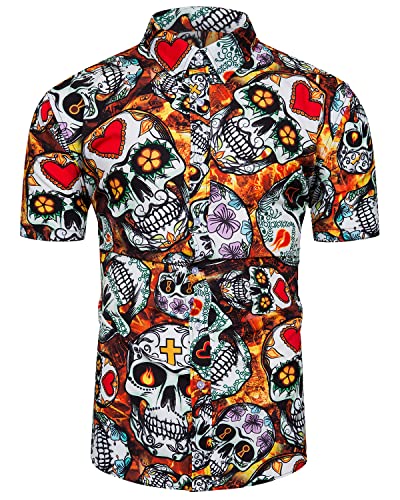 TUNEVUSE Herren Halloween Hemden Scary Skull Print Kurzarm Button Down Hemd Ghost Print Rot Groß von TUNEVUSE