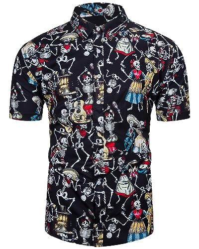 TUNEVUSE Herren Halloween Hemden Scary Skull Print Kurzarm Button Down Hemd Ghost Print Schwarz X-Large von TUNEVUSE