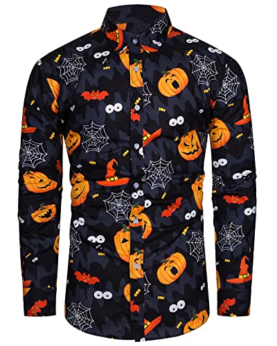 TUNEVUSE Herren Halloween Langarm Hemd Scary Kürbis Casual Button Up Hemd Lustige Fledermaus Kostüme für Erwachsene Schwarz Groß von TUNEVUSE