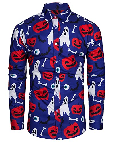 TUNEVUSE Herren Halloween Langarm Hemden Kürbis Print Casual Button Down Hemd für Erwachsene Scary Geist Schädel Hemd Kostüme Blau Mittel von TUNEVUSE