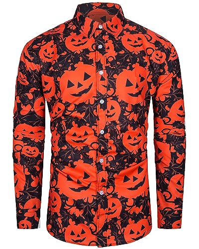 TUNEVUSE Herren Halloween Langarm Hemden Lustige Kürbis Casual Button Up Hemd Erwachsene Geist Schädel Kostüme Orange XX-Large von TUNEVUSE