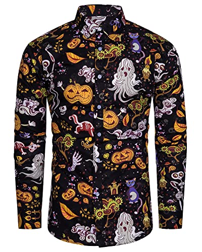 TUNEVUSE Herren Halloween Langarm Hemden Lustige Kürbis Casual Button Up Hemd Erwachsene Geist Schädel Kostüme Schwarz Mittel von TUNEVUSE