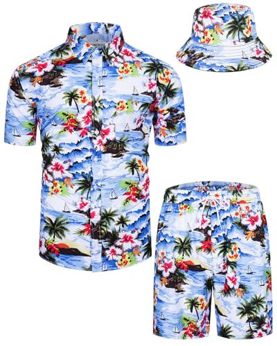 TUNEVUSE Herren Hawaiian Hemden und Shorts Set 2-Stücke Tropische Outfits Gedruckt Button Down Beach Shirt Anzug mit Eimer Hüte Blau 5X-Large von TUNEVUSE