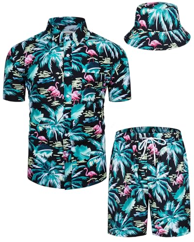 TUNEVUSE Herren Hawaiian Hemden und Shorts Set 2-Stücke Tropische Outfits Gedruckt Button Down Beach Shirt Anzug mit Eimer Hüte Schwarz 4X-Large von TUNEVUSE