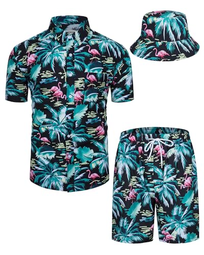 TUNEVUSE Herren Hawaiian Hemden und Shorts Set 2-Stücke Tropische Outfits Gedruckt Button Down Beach Shirt Anzug mit Eimer Hüte Schwarz XX-Large von TUNEVUSE