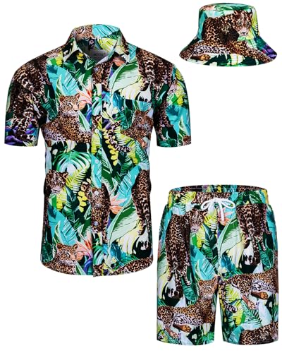 TUNEVUSE Herren Hawaiihemd und Shorts Set, 2-teiliges tropisches Set, Blumen Bedruckte Knopf Strand Set mit Hut Grün Klein von TUNEVUSE