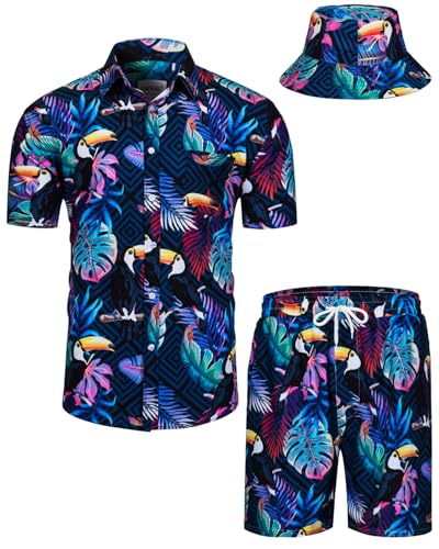 TUNEVUSE Herren Hawaiihemd und Shorts Set, 2-teiliges tropisches Set, Blumen Bedruckte Knopf Strand Set mit Hut Grün Medium von TUNEVUSE