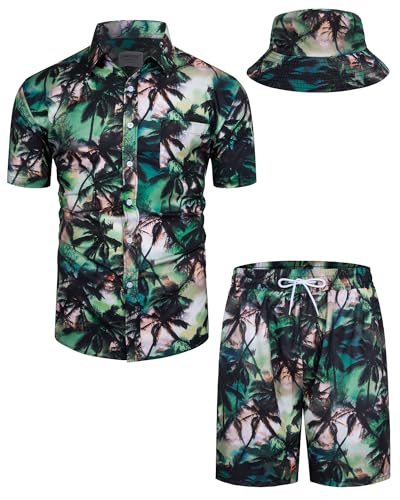 TUNEVUSE Herren Hawaiihemd und Shorts Set, 2-teiliges tropisches Set, Blumen Bedruckte Knopf Strand Set mit Hut Grün XX-Large von TUNEVUSE