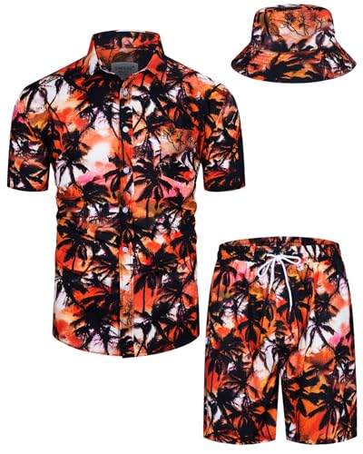 TUNEVUSE Herren Hawaiihemd und Shorts Set, 2-teiliges tropisches Set, Blumen Bedruckte Knopf Strand Set mit Hut Orange X-Large von TUNEVUSE