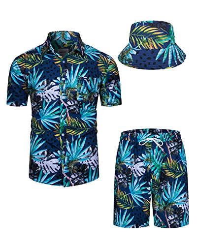 TUNEVUSE Herren Hawaiihemd und Shorts Set, 2-teiliges tropisches Set, Blumen bedruckte Knopf Strand Set mit Hut Blau 3X-Large von TUNEVUSE