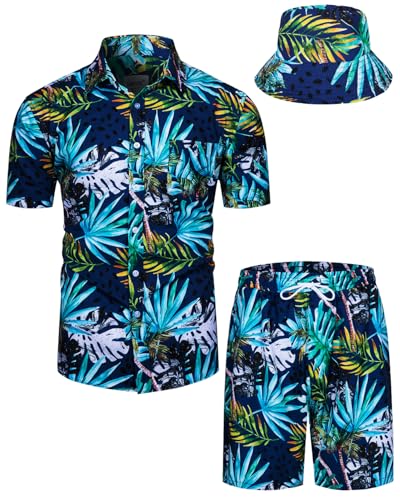 TUNEVUSE Herren Hawaiihemd und Shorts Set, 2-teiliges tropisches Set, Blumen Bedruckte Knopf Strand Set mit Hut Blau 3X-Large von TUNEVUSE