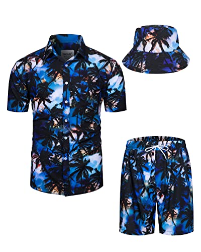 TUNEVUSE Herren Hawaiihemd und Shorts Set, 2-teiliges tropisches Set, Blumen bedruckte Knopf Strand Set mit Hut Blau 3X-Large von TUNEVUSE