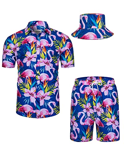 TUNEVUSE Herren Hawaiihemd und Shorts Set, 2-teiliges tropisches Set, Blumen bedruckte Knopf Strand Set mit Hut Blau 4X-Large von TUNEVUSE