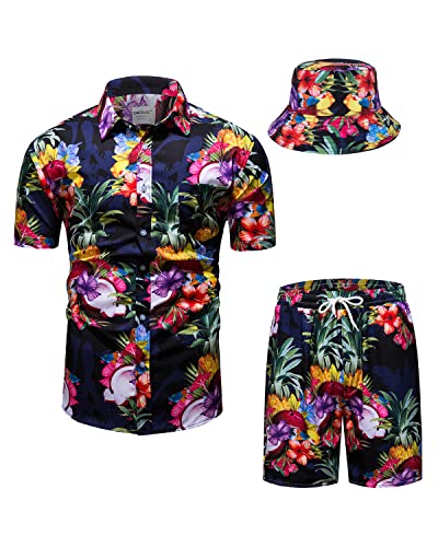 TUNEVUSE Herren Hawaiihemd und Shorts Set, 2-teiliges tropisches Set, Blumen bedruckte Knopf Strand Set mit Hut Blau 4X-Large von TUNEVUSE