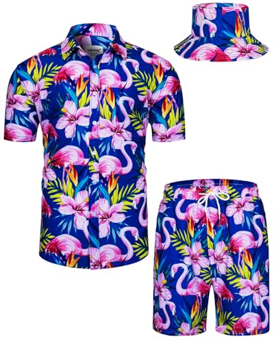 TUNEVUSE Herren Hawaiihemd und Shorts Set, 2-teiliges tropisches Set, Blumen Bedruckte Knopf Strand Set mit Hut Blau 5X-Large von TUNEVUSE