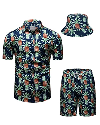 TUNEVUSE Herren Hawaiihemd und Shorts Set, 2-teiliges tropisches Set, Blumen bedruckte Knopf Strand Set mit Hut Blau Klein von TUNEVUSE