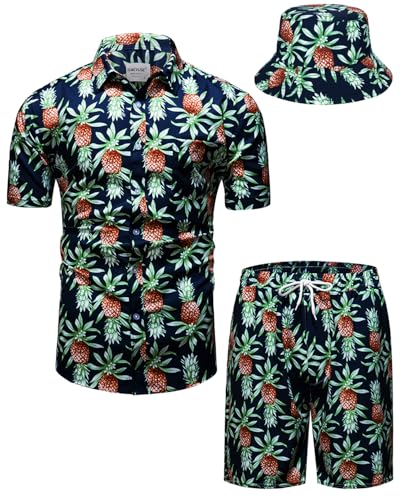 TUNEVUSE Herren Hawaiihemd und Shorts Set, 2-teiliges tropisches Set, Blumen Bedruckte Knopf Strand Set mit Hut Blau Klein von TUNEVUSE