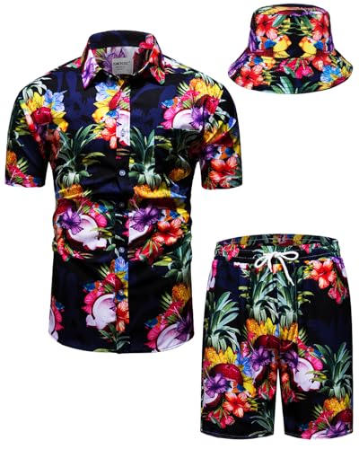 TUNEVUSE Herren Hawaiihemd und Shorts Set, 2-teiliges tropisches Set, Blumen Bedruckte Knopf Strand Set mit Hut Blau Medium von TUNEVUSE