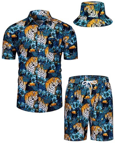 TUNEVUSE Herren Hawaiihemd und Shorts Set, 2-teiliges tropisches Set, Blumen Bedruckte Knopf Strand Set mit Hut Blau X-Large von TUNEVUSE