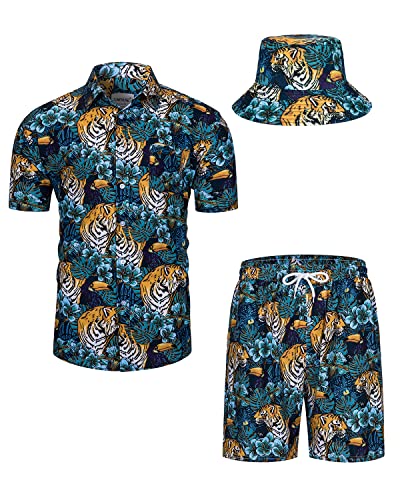 TUNEVUSE Herren Hawaiihemd und Shorts Set, 2-teiliges tropisches Set, Blumen bedruckte Knopf Strand Set mit Hut Blau XX-Large von TUNEVUSE