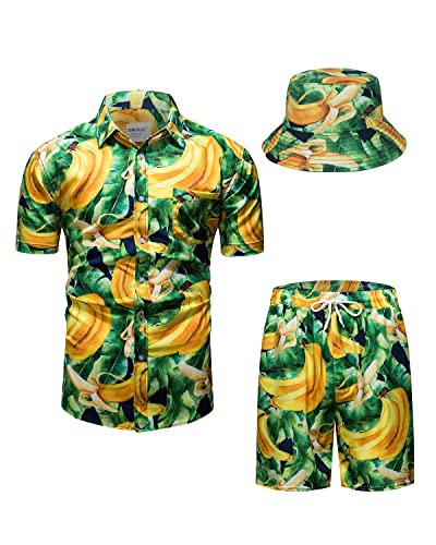 TUNEVUSE Herren Hawaiihemd und Shorts Set, 2-teiliges tropisches Set, Blumen bedruckte Knopf Strand Set mit Hut Gelb Klein von TUNEVUSE