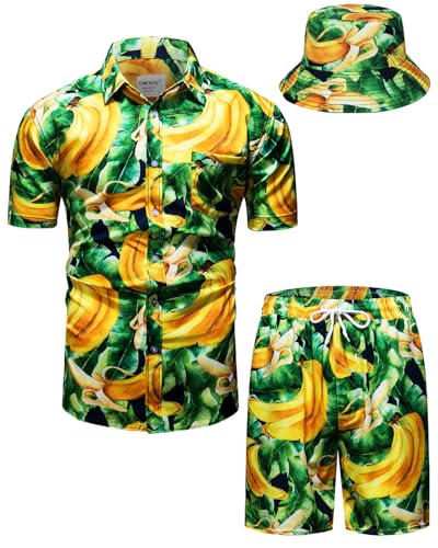 TUNEVUSE Herren Hawaiihemd und Shorts Set, 2-teiliges tropisches Set, Blumen Bedruckte Knopf Strand Set mit Hut Gelb X-Large von TUNEVUSE