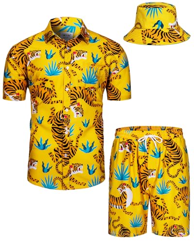 TUNEVUSE Herren Hawaiihemd und Shorts Set, 2-teiliges tropisches Set, Blumen Bedruckte Knopf Strand Set mit Hut Gelb XX-Large von TUNEVUSE