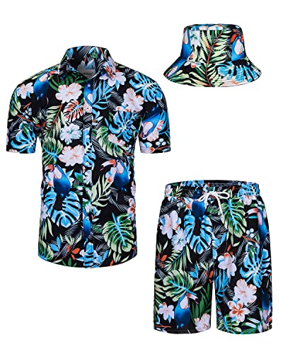 TUNEVUSE Herren Hawaiihemd und Shorts Set, 2-teiliges tropisches Set, Blumen bedruckte Knopf Strand Set mit Hut Grün Klein von TUNEVUSE