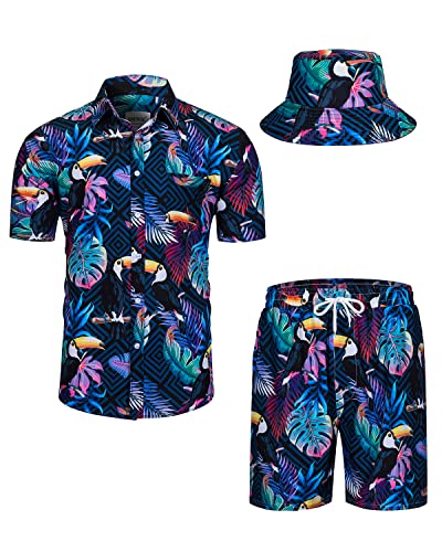 TUNEVUSE Herren Hawaiihemd und Shorts Set, 2-teiliges tropisches Set, Blumen bedruckte Knopf Strand Set mit Hut Grün X-Large von TUNEVUSE