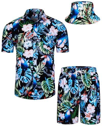 TUNEVUSE Herren Hawaiihemd und Shorts Set, 2-teiliges tropisches Set, Blumen Bedruckte Knopf Strand Set mit Hut Grün XX-Large von TUNEVUSE