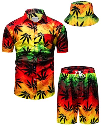 TUNEVUSE Herren Hawaiihemd und Shorts Set, 2-teiliges tropisches Set, Blumen Bedruckte Knopf Strand Set mit Hut Orange 5X-Large von TUNEVUSE