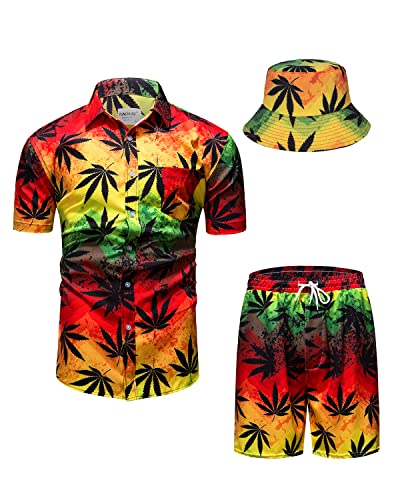 TUNEVUSE Herren Hawaiihemd und Shorts Set, 2-teiliges tropisches Set, Blumen bedruckte Knopf Strand Set mit Hut Orange Groß von TUNEVUSE