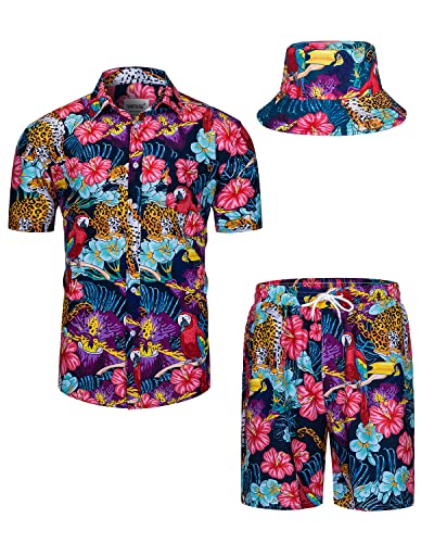 TUNEVUSE Herren Hawaiihemd und Shorts Set, 2-teiliges tropisches Set, Blumen bedruckte Knopf Strand Set mit Hut Rot Groß von TUNEVUSE