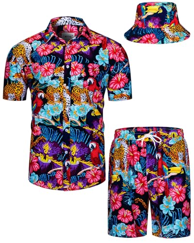 TUNEVUSE Herren Hawaiihemd und Shorts Set, 2-teiliges tropisches Set, Blumen Bedruckte Knopf Strand Set mit Hut Rot XX-Large von TUNEVUSE