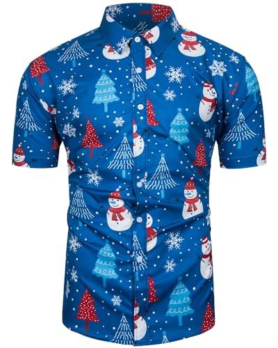 TUNEVUSE Herren Weihnachten Hemd Funky Kurzarm Christmas Hawaiihemd Button Down 3D Druck Party Weihnachts Freizeithemd S-3XL Blau 3X-Large von TUNEVUSE