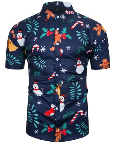 TUNEVUSE Herren Weihnachten Hemd Funky Kurzarm Christmas Hawaiihemd Button Down 3D Druck Party Weihnachts Freizeithemd S-3XL Blau Mittel von TUNEVUSE