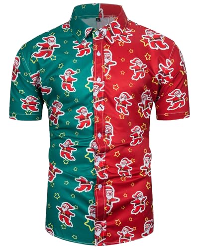TUNEVUSE Herren Weihnachten Hemd Funky Kurzarm Christmas Hawaiihemd Button Down 3D Druck Party Weihnachts Freizeithemd S-3XL Grün Klein von TUNEVUSE