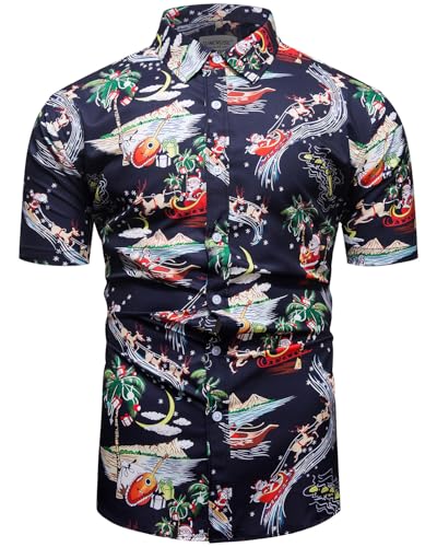 TUNEVUSE Herren Weihnachten Hemd Funky Kurzarm Christmas Hawaiihemd Button Down 3D Druck Party Weihnachts Freizeithemd S-3XL Marine Mittel von TUNEVUSE