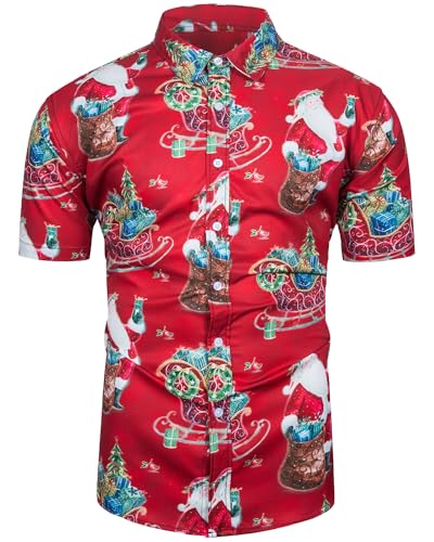 TUNEVUSE Herren Weihnachten Hemd Funky Kurzarm Christmas Hawaiihemd Button Down 3D Druck Party Weihnachts Freizeithemd S-3XL Rot XX-Large von TUNEVUSE