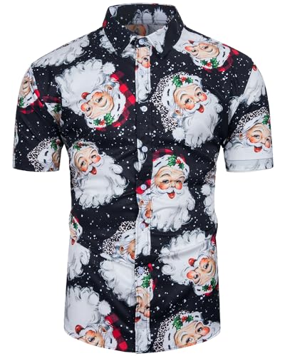 TUNEVUSE Herren Weihnachten Hemd Funky Kurzarm Christmas Hawaiihemd Button Down 3D Druck Party Weihnachts Freizeithemd S-3XL Schwarz Klein von TUNEVUSE