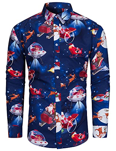 TUNEVUSE Herren Weihnachts Hemd Print Hemd Weihnachtshemd Lustige Funky Hemden Langarm Hemd Weihnachten Muster Christmas Hemd Xmas Hemd Blau 3X-Large von TUNEVUSE
