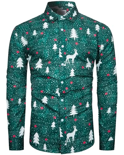 TUNEVUSE Herren Weihnachts Hemd Print Hemd Weihnachtshemd Lustige Funky Hemden Langarm Hemd Weihnachten Muster Christmas Hemd Xmas Hemd Grün 3X-Large von TUNEVUSE